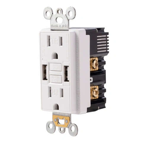 Front view of white 15A USB GFCI receptacle showing dual USB-A ports and self-test buttons