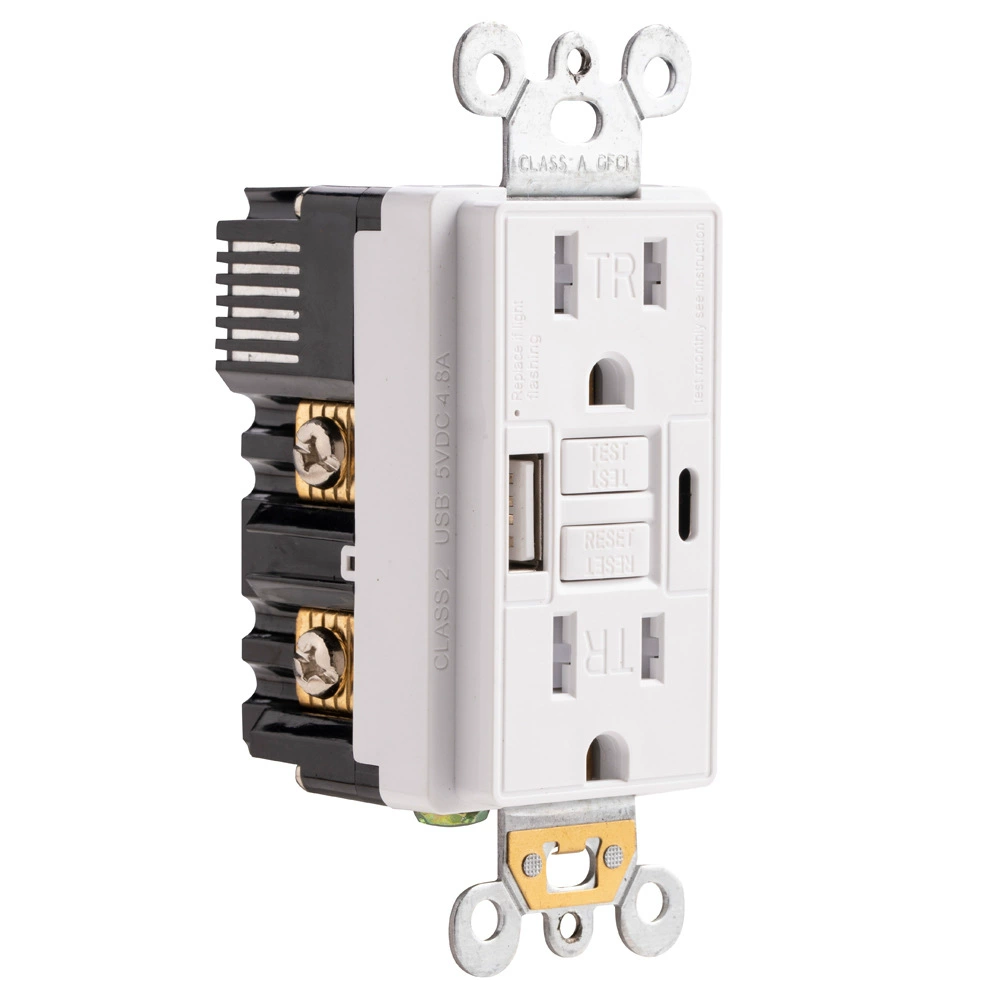 white 15 amp GFCI outlet with USB-A and USB-C front view