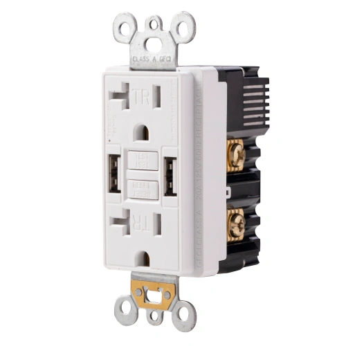 white 20 amp GFCI outlet with dual USB-A ports front view