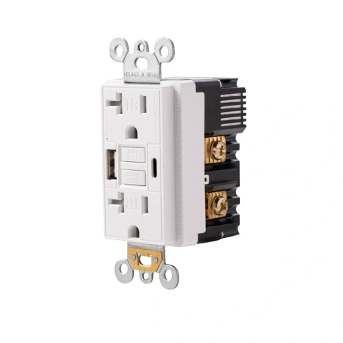 white 20 amp GFCI outlet with USB-A and USB-C front view