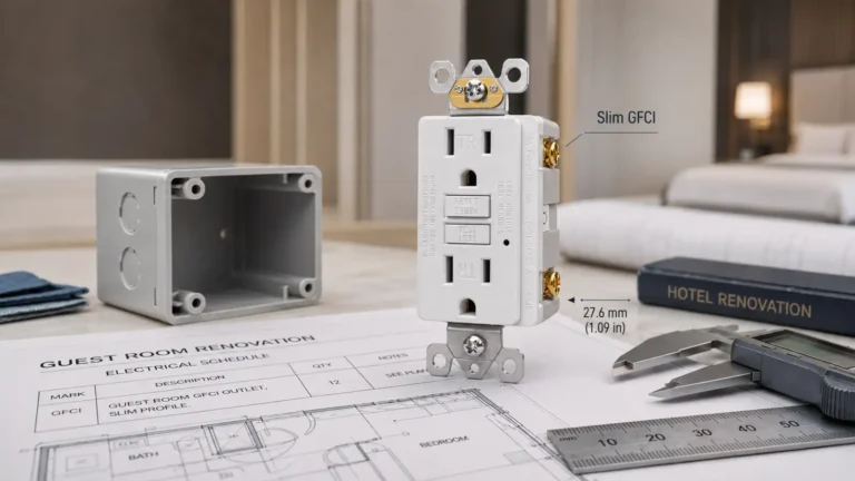 Slim TR GFCI outlet reviewed with a shallow wall box and hotel renovation electrical schedule