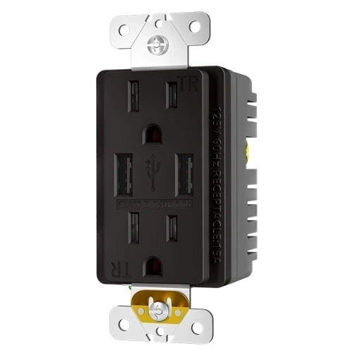Black 15A tamper resistant USB wall outlet for indoor wall installations