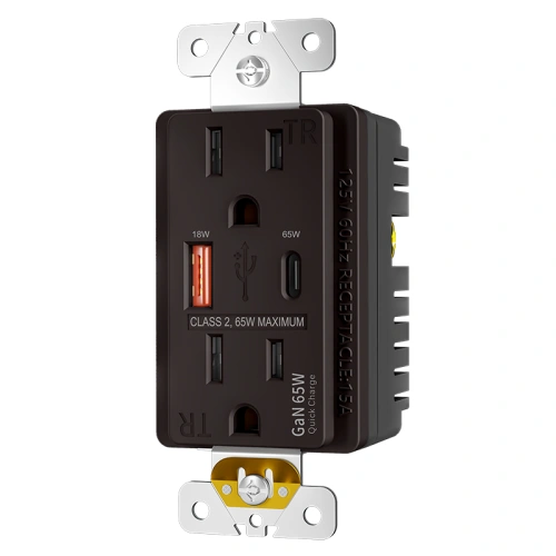 Brown 15 amp combination USB wall outlet for coordinated interior finishes