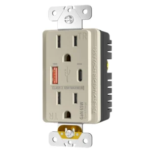 Light almond 65W PD and 18W QC wall outlet for hotel nightstand use