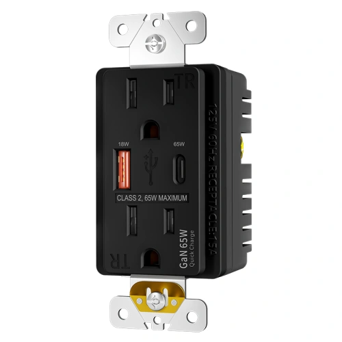 Black 15 amp USB receptacle with Type-A and Type-C charging ports