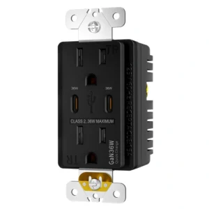 Black tamper resistant dual USB-C wall outlet with GaN 36W fast charging