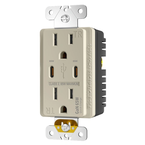Light almond 65W dual USB-C wall receptacle designed for cleaner charging layouts