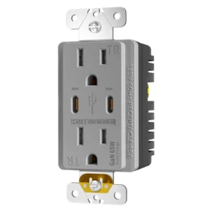 Gray high-power dual Type-C receptacle for desk, hotel, and workspace charging zones