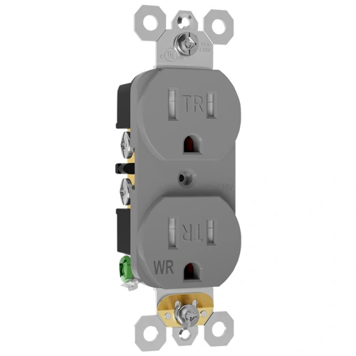 Grey weather-resistant outlet for concrete, utility, and commercial exterior walls