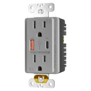 Grey quick charge and power delivery outlet for airport and lounge projects
