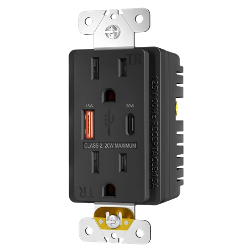 Black tamper resistant fast charging outlet for indoor office installations
