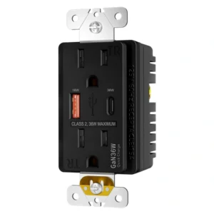 Back view of a UL listed 15A GaN PD USB receptacle showing wiring terminals