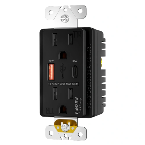 Back view of a UL listed 15A GaN PD USB receptacle showing wiring terminals