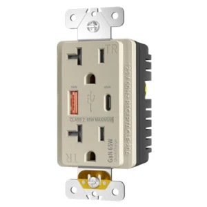 Light almond NEMA 5-20R style USB outlet for hotel lobby and waiting-area projects