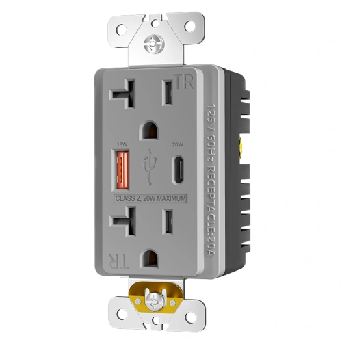 Gray tamper resistant 20 amp power delivery receptacle for high-traffic commercial interiors