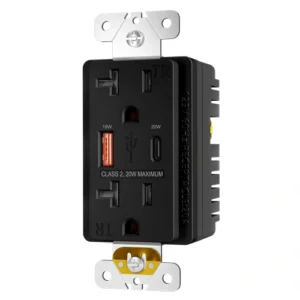 Black tamper resistant 20A USB receptacle with PD and QC fast charging ports