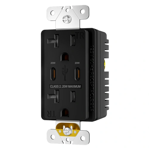 Black tamper resistant 20 amp dual USB-C receptacle for commercial upgrade projects