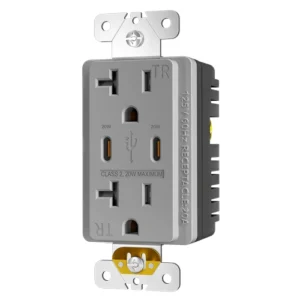 Gray dual USB-C PD outlet with 20 amp AC configuration for project applications