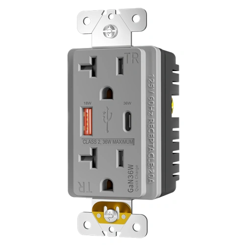 Gray 36W PD USB receptacle for public seating and workspace charging zones
