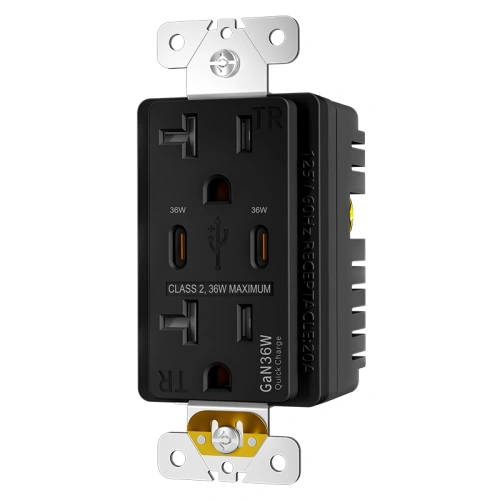 Black tamper resistant 20A GaN dual USB-C outlet for modern commercial upgrades