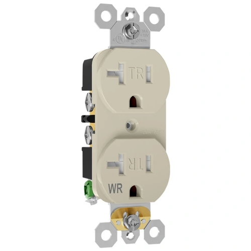 Almond weather-resistant 20A receptacle for siding-mounted utility power locations