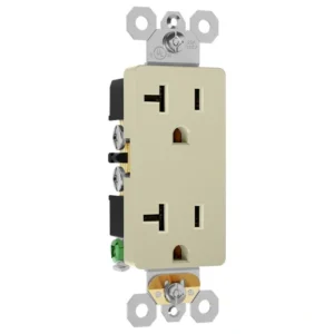 Ivory rectangular 20 amp receptacle matched with rocker switches in office corridors