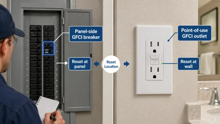 GFCI breaker and GFCI outlet comparison showing panel-side reset and point-of-use reset for maintenance troubleshooting