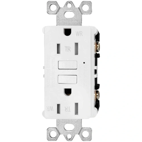 UL 943 listed 15A tamper-resistant GFCI receptacle with self-test function, NEC 210.8 compliant for residential and commercial use