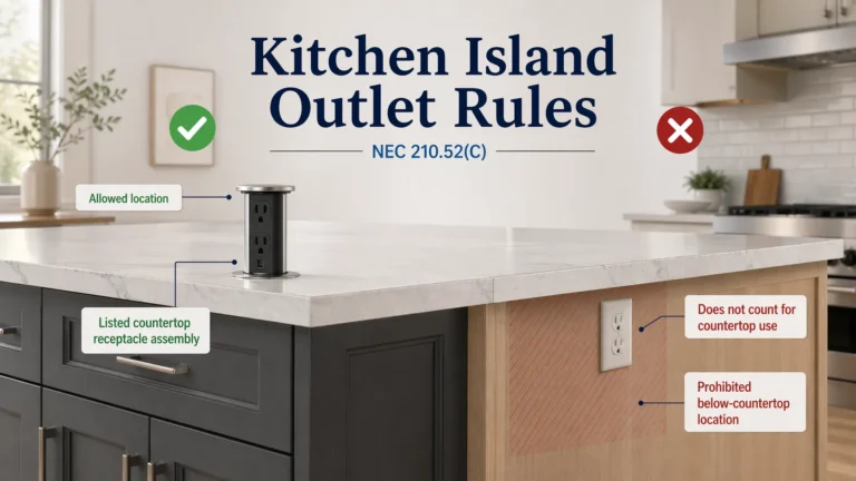 Kitchen island outlet rules diagram showing listed countertop receptacle assembly and below-countertop outlet placement that does not count for countertop use under NEC 210.52(C)
