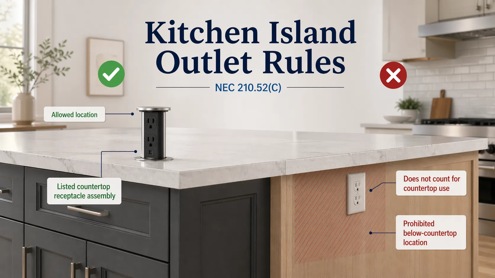 Kitchen island outlet rules and countertop receptacle compliance guide under NEC 210.52(C)
