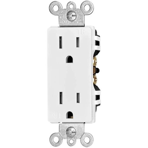 UL 498 listed 15A tamper-resistant duplex receptacle (NEMA 5-15R TR) with back-wire and side-wire terminals for residential installation