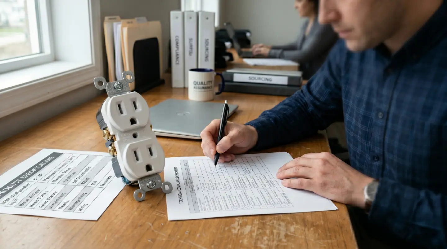 Buyer reviewing receptacle sample and pre-shipment compliance checklist