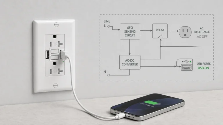 GFCI USB combo receptacle showing USB ports staying powered after a GFCI trip due to line-side power architecture