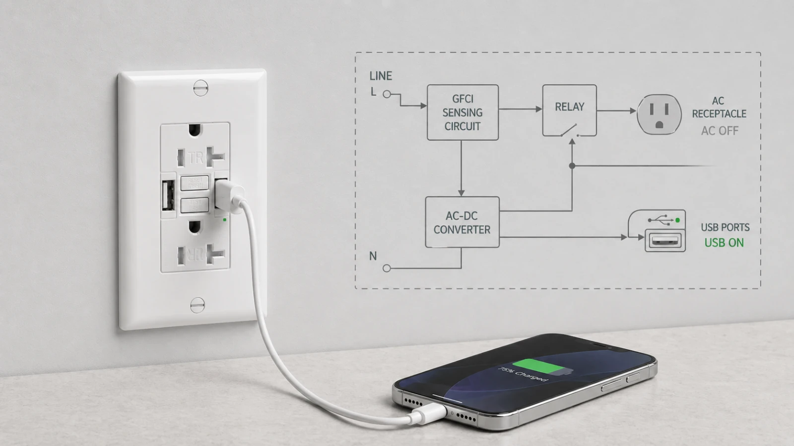 GFCI USB combo receptacle showing USB ports staying powered after a GFCI trip due to line-side power architecture