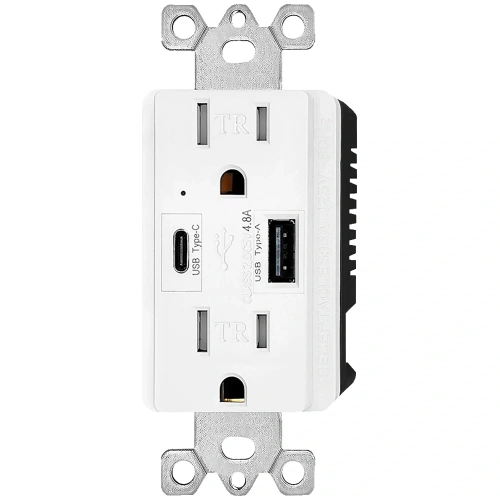 UL listed dual USB-C and Type-A wall outlet with 20W PD fast charging and NEMA 5-15R receptacle for hospitality and residential