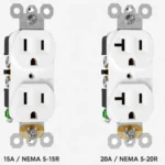 15 amp and 20 amp duplex receptacles compared side by side, showing NEMA 5-15R and NEMA 5-20R face differences.