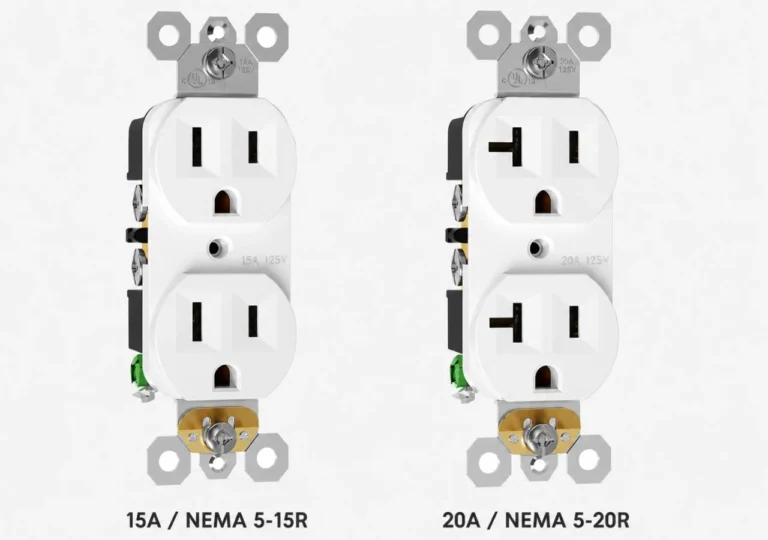 15 amp and 20 amp duplex receptacles compared side by side, showing NEMA 5-15R and NEMA 5-20R face differences.