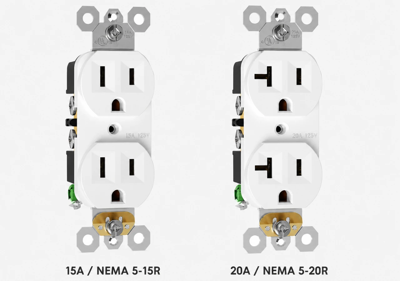 15 amp and 20 amp duplex receptacles compared side by side, showing NEMA 5-15R and NEMA 5-20R face differences.
