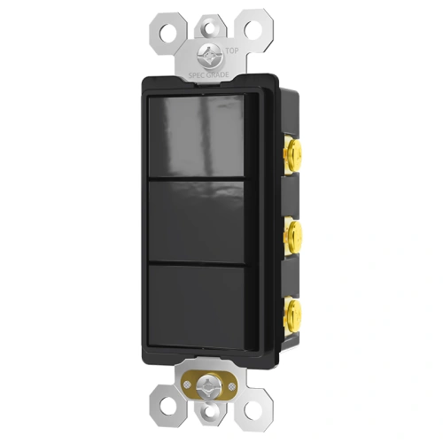 Black 15A triple rocker switch for bathroom fan light and heater control.