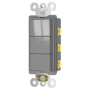 Grey triple rocker combination switch for commercial restroom and three-zone control.