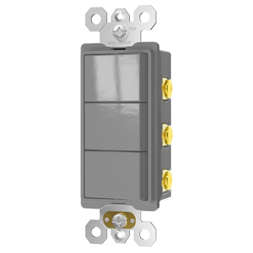 Grey triple rocker combination switch for commercial restroom and three-zone control.