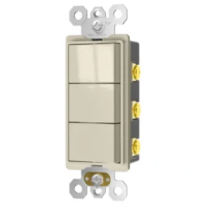 Almond 15A 120/277V triple rocker switch for warm-tone wallplate matching.