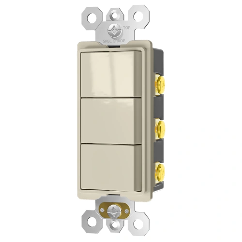 Almond 15A 120/277V triple rocker switch for warm-tone wallplate matching.