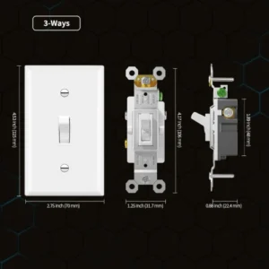 Dimension drawing of TM-2 15A 3-way switch for standard electrical wall box planning.