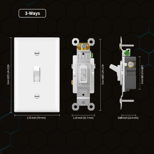 Dimension drawing of TM-2 15A 3-way switch for standard electrical wall box planning.
