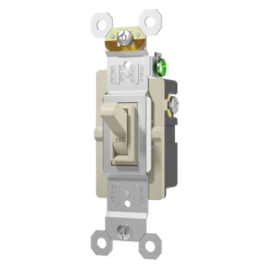 Almond 15A 125V 4-way toggle switch for warm-tone wallplate matching.