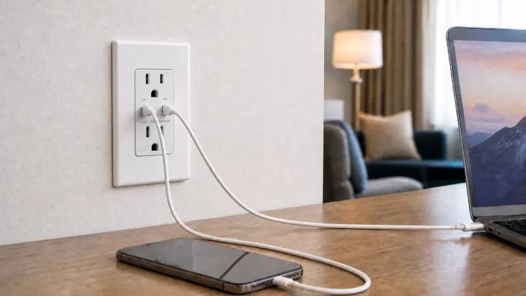 65W USB-C wall outlet charging a laptop and smartphone from dual USB-C ports in a hotel room desk setup
