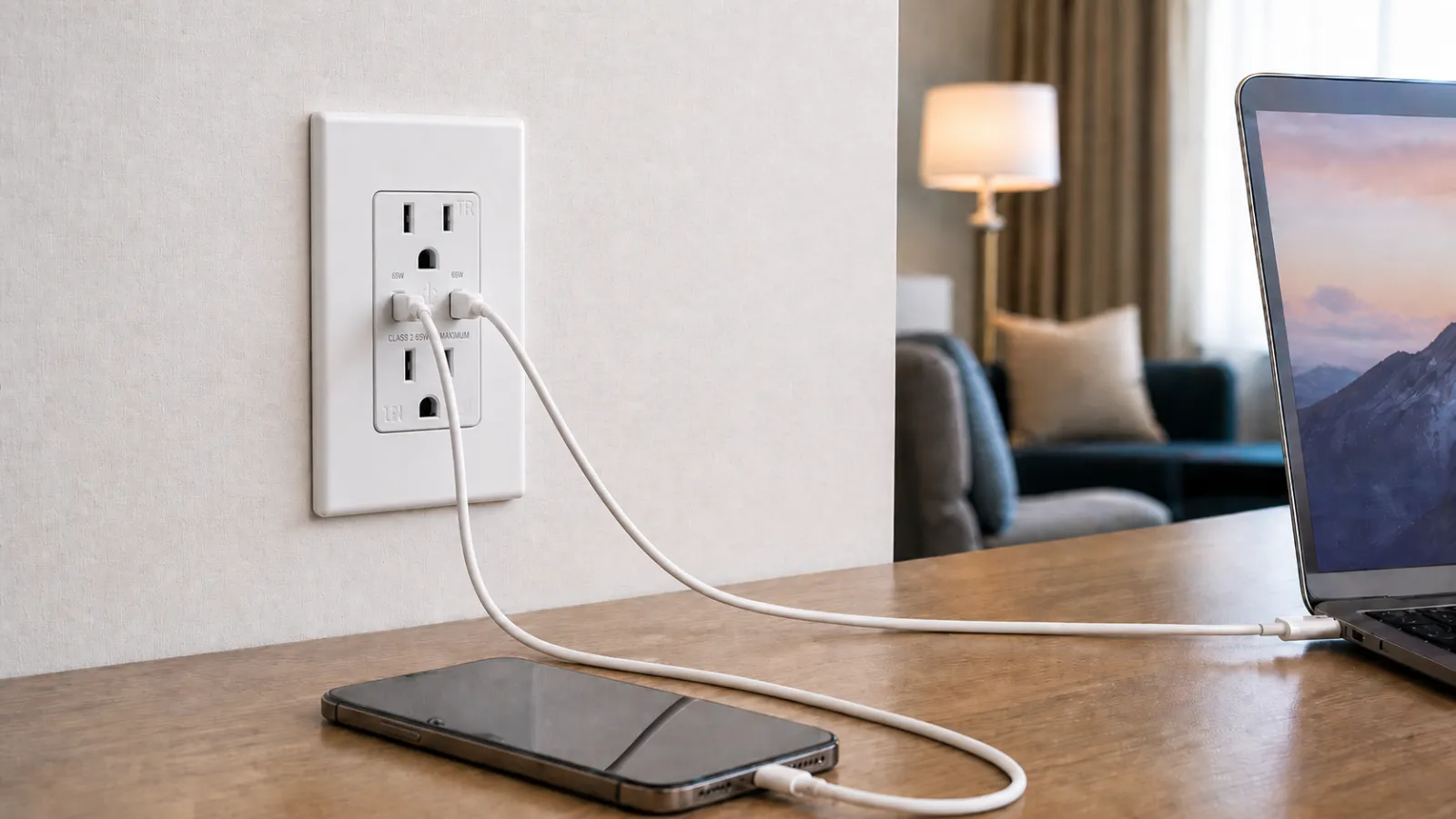 65W USB-C wall outlet charging a laptop and smartphone from dual USB-C ports in a hotel room desk setup