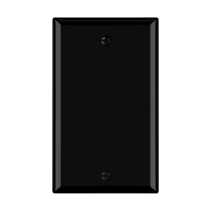 Black 1-gang blank wallplate for unused boxes in dark commercial interiors.