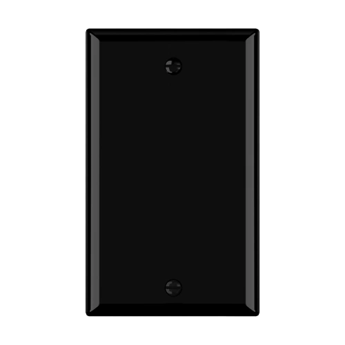 Black 1-gang blank wallplate for unused boxes in dark commercial interiors.